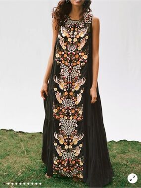 Samant Chauhan Jacaranda Tiered maxi dress black floral embroidered size 8